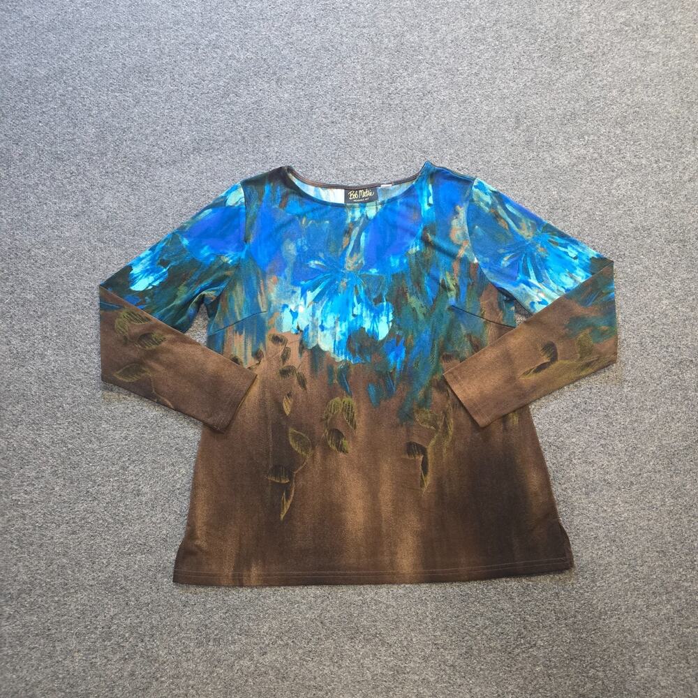 Bob Mackie Top Womens Size Medium Brown Blue Watercolor No Iron Stretchy Casual